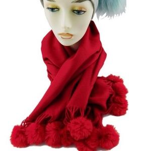 Cashmere blend Scarf with Rabbit Fur Poms